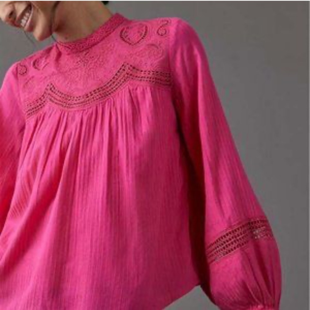 By Anthropologie harmony hot pink lace blouse